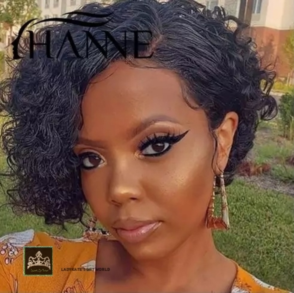 HANNE Brazilian Human Hair Short Curly Bob Wig.  1b#/30#/99j   Natural black
